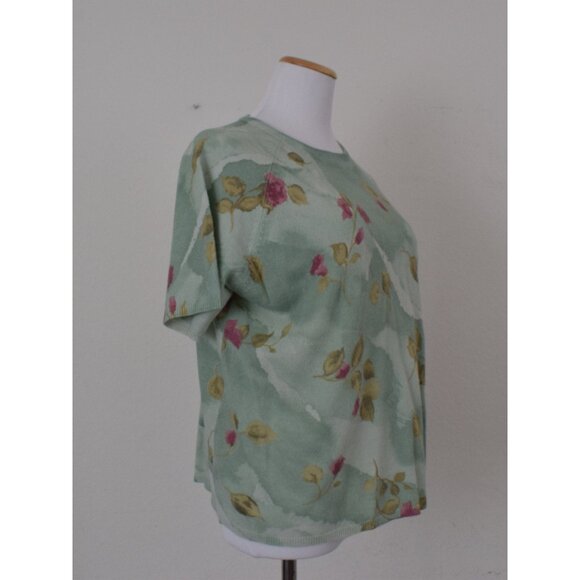 Vintage 90s ramie/acrylic Green Floral Knit‎ Top size M - Picture 6 of 10